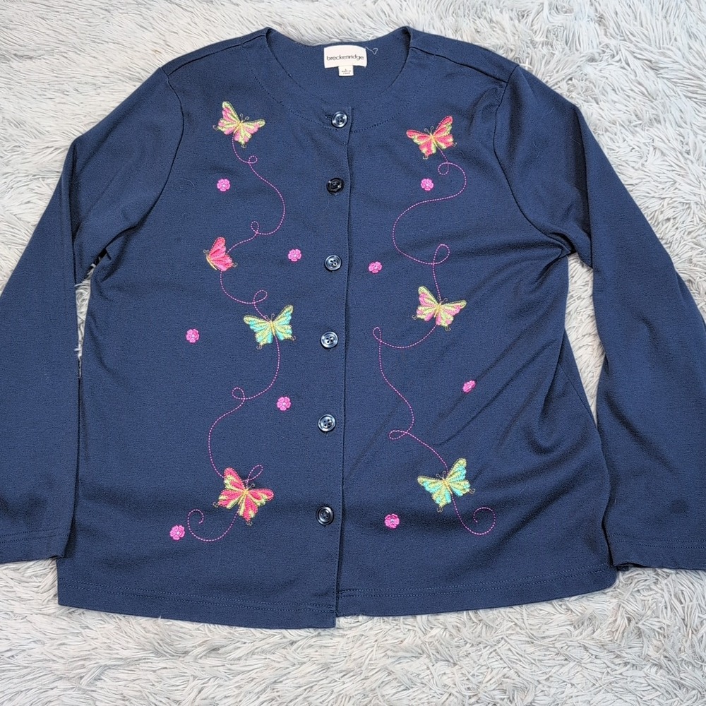 Breckenridge Sweater Womens L Blue Cardigan Button Up‎ Embroidery Butterfly